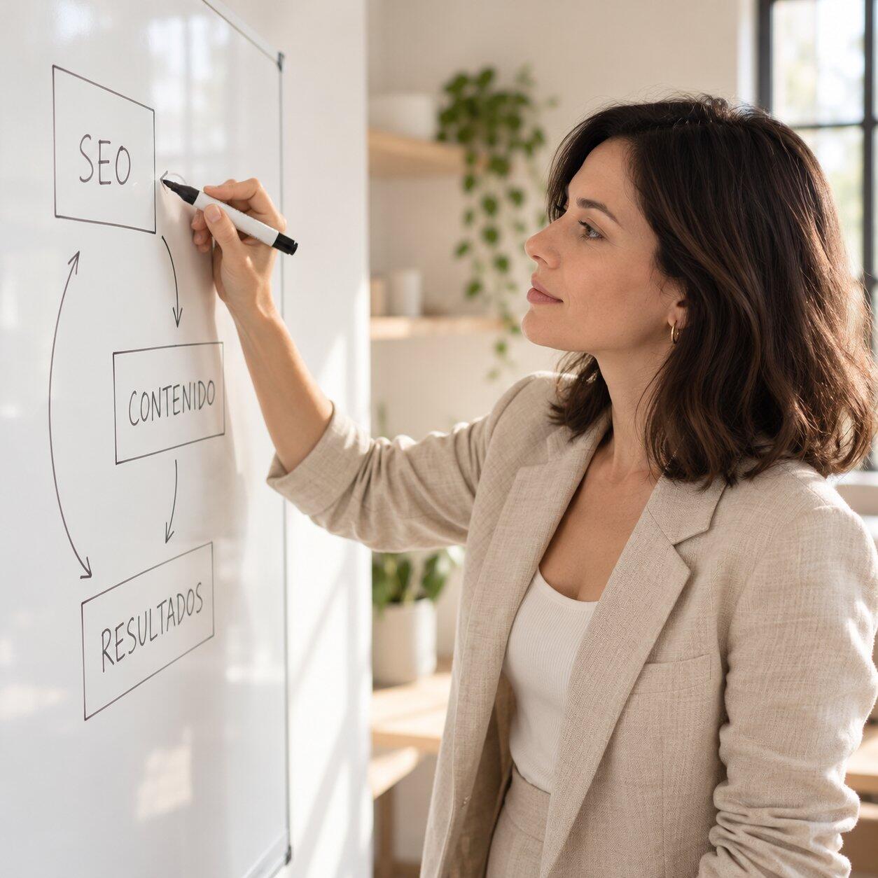 Strategist planning an SEO workflow on a whiteboard